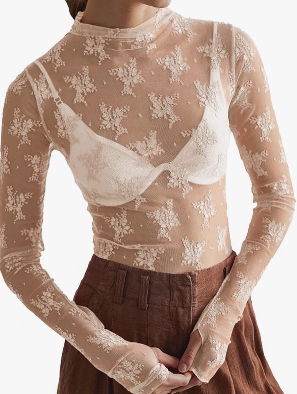 Sheer Floral Long-Sleeve Mesh Top in Nude
